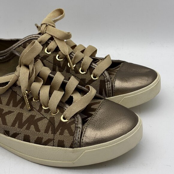 Michael Kors MK Signature Logo Print Lace Up Sneakers Brown Metallic Leather 10 - Picture 2 of 10